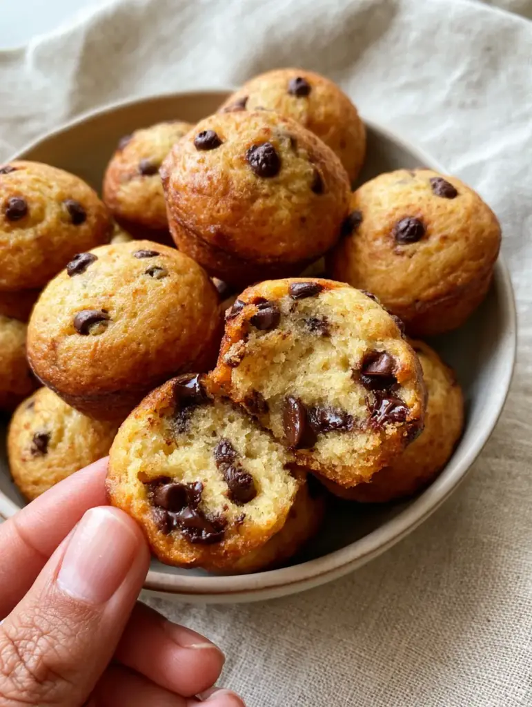 Copycat Little Bites Chocolate Chip Mini Muffins: The Secret to Ultra-Moist Snack Success 1 Close up of golden-brown mini muffins in a ceramic bowl with glossy, melty mini dark chocolate chips on top.