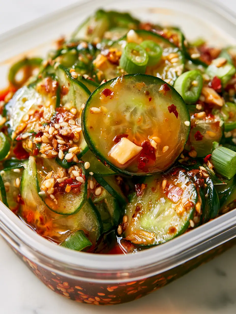 Eye-level view of paper-thin Persian cucumbers overflowed in a deli container, drenched in red chili oil. (Viral Cucumber Salad)