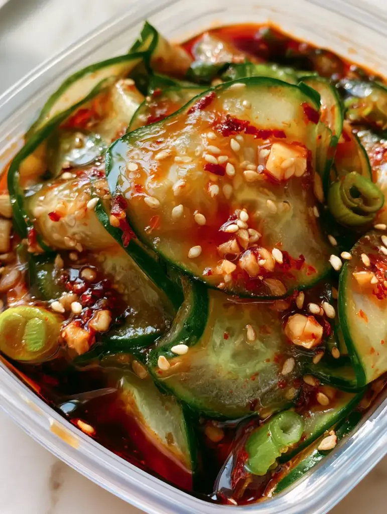 Macro shot of sesame seeds and red pepper flakes clinging to oil-glazed cucumber ribbons.