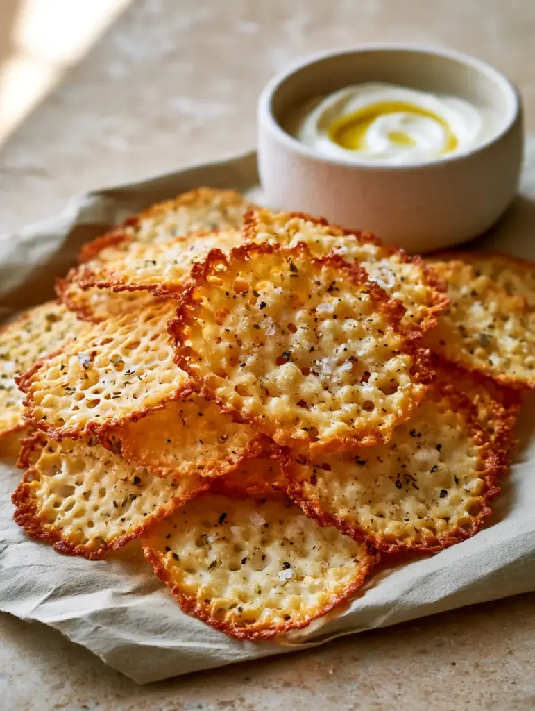 Cottage Cheese Crackers: The Ultra-Crispy High Protein Snack 1 A pile of golden-brown cottage cheese crackers next to a white ramekin of Greek yogurt dip with an olive oil swirl. (cottage cheese crackers)