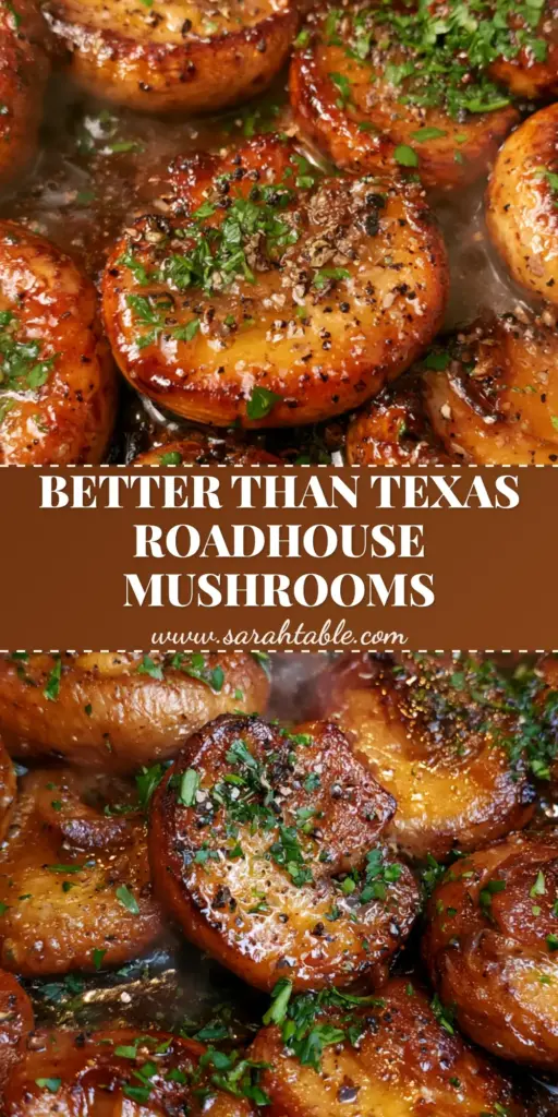 Thick-sliced cremini mushrooms in a cast iron skillet with a glossy garlic butter glaze and fresh parsley. (Texas Roadhouse mushroom recipe)