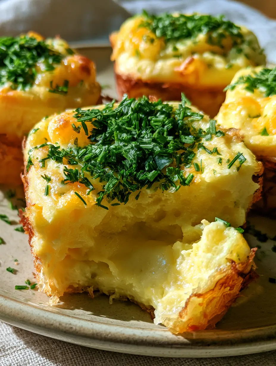 Macro photo showing the aerated soufflé texture and toasted cheese spots of potato chive egg bites.