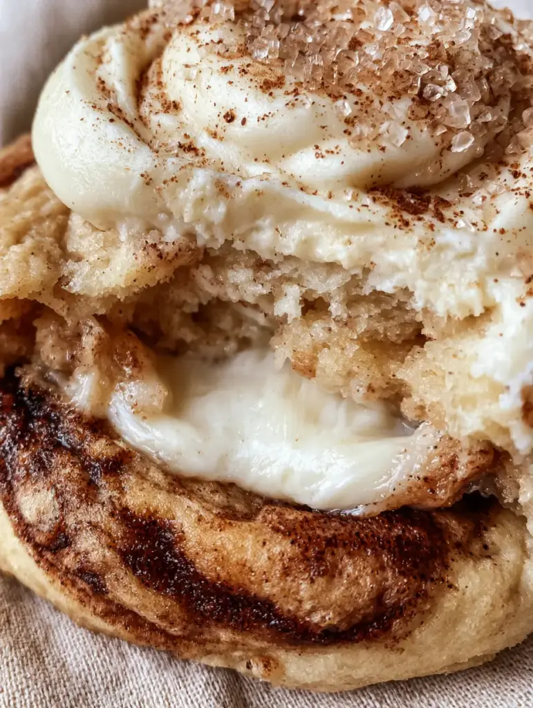 Cinnamon Roll Cheesecake Cookies: The Ultimate Molten Stuffed Bakery Treat 2 Macro close-up of Cinnamon Roll Cheesecake Cookies broken in half to reveal a molten, gooey cream cheese center.