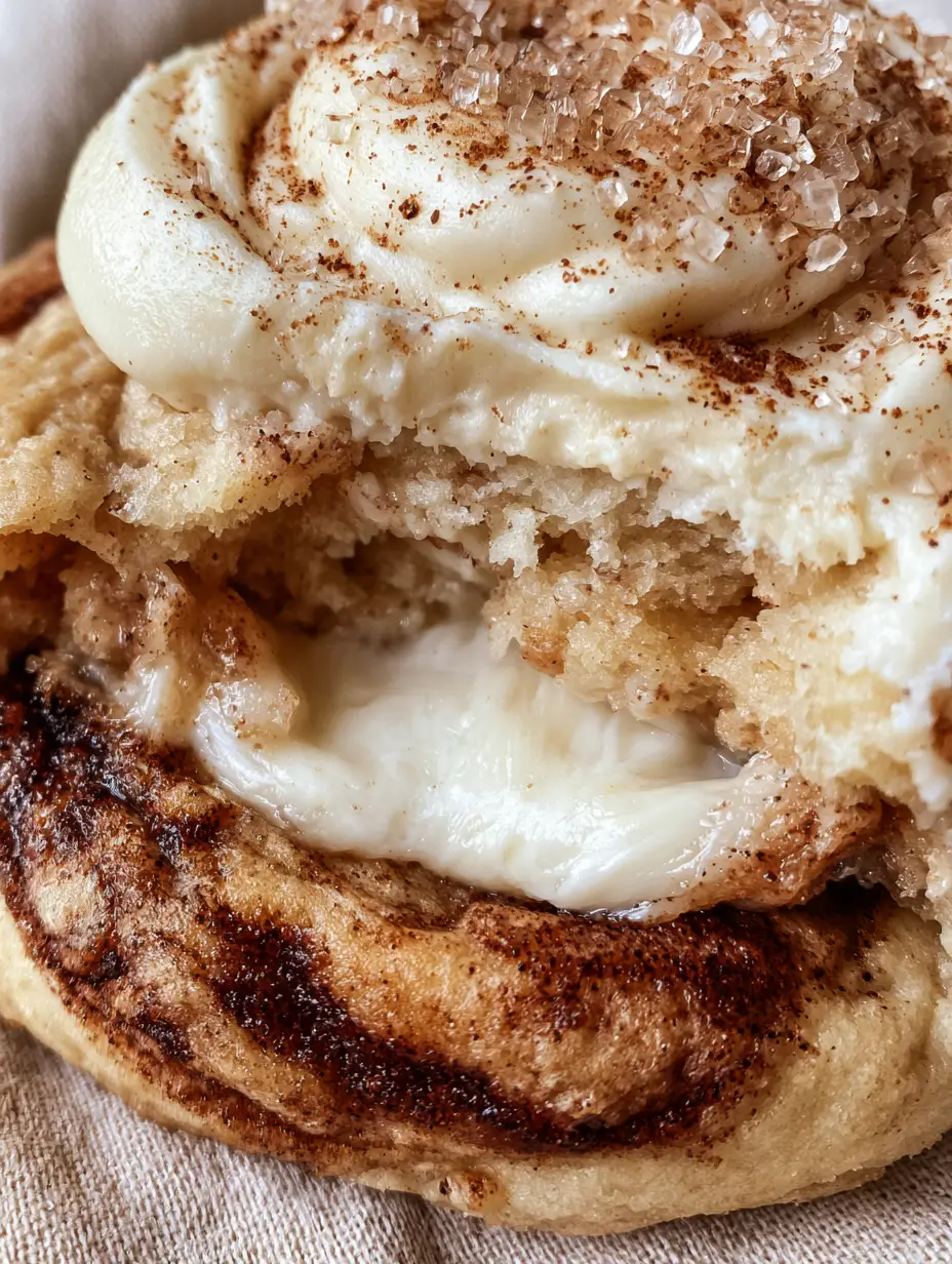 Cinnamon Roll Cheesecake Cookies: The Ultimate Molten Stuffed Bakery Treat 3 Macro close-up of Cinnamon Roll Cheesecake Cookies broken in half to reveal a molten, gooey cream cheese center.
