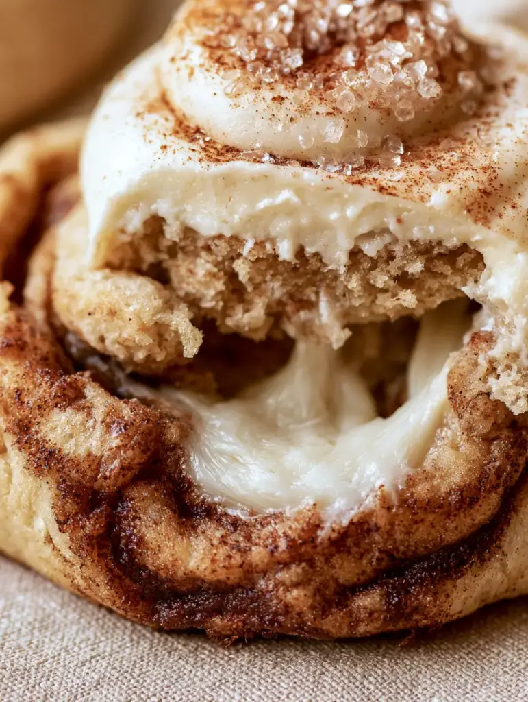 Cinnamon Roll Cheesecake Cookies: The Ultimate Molten Stuffed Bakery Treat 1 Eye-level view of Cinnamon Roll Cheesecake Cookies with thick marbled dough and bakery-style frosting swirls.