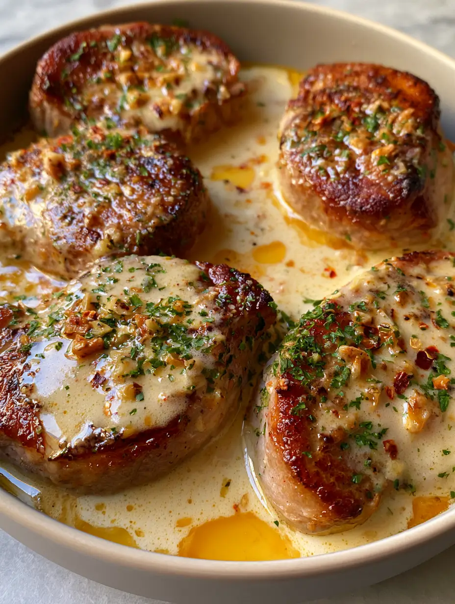 Creamy Pork Medallions with Garlic Butter Cream Sauce 3 Smartphone photo of Creamy Pork Medallions with visible pools of melted butter and toasted garlic bits.