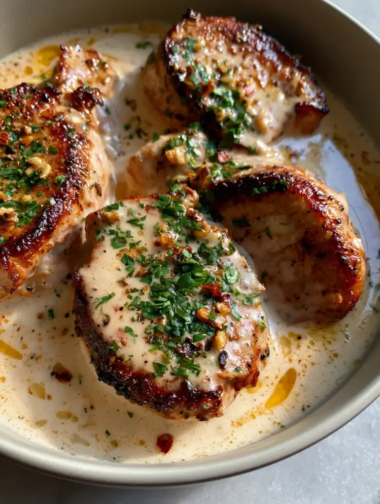 Creamy Pork Medallions with Garlic Butter Cream Sauce 1 High angle close-up of thick-cut pork tenderloin medallions in a rich ivory cream sauce garnished with parsley.