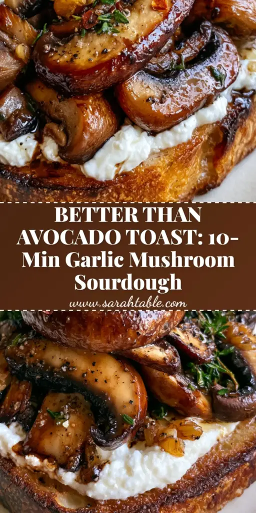 Close-up of Mushroom Toast with whipped ricotta, seared cremini mushrooms, and balsamic glaze on thick sourdough bread.