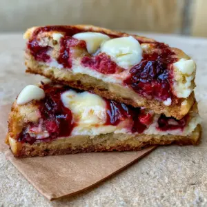 A handheld smartphone photo of a warm, soft-baked raspberry cheesecake cookie gently broken in half to showcase its layers of molten cream cheese and crimson jam.