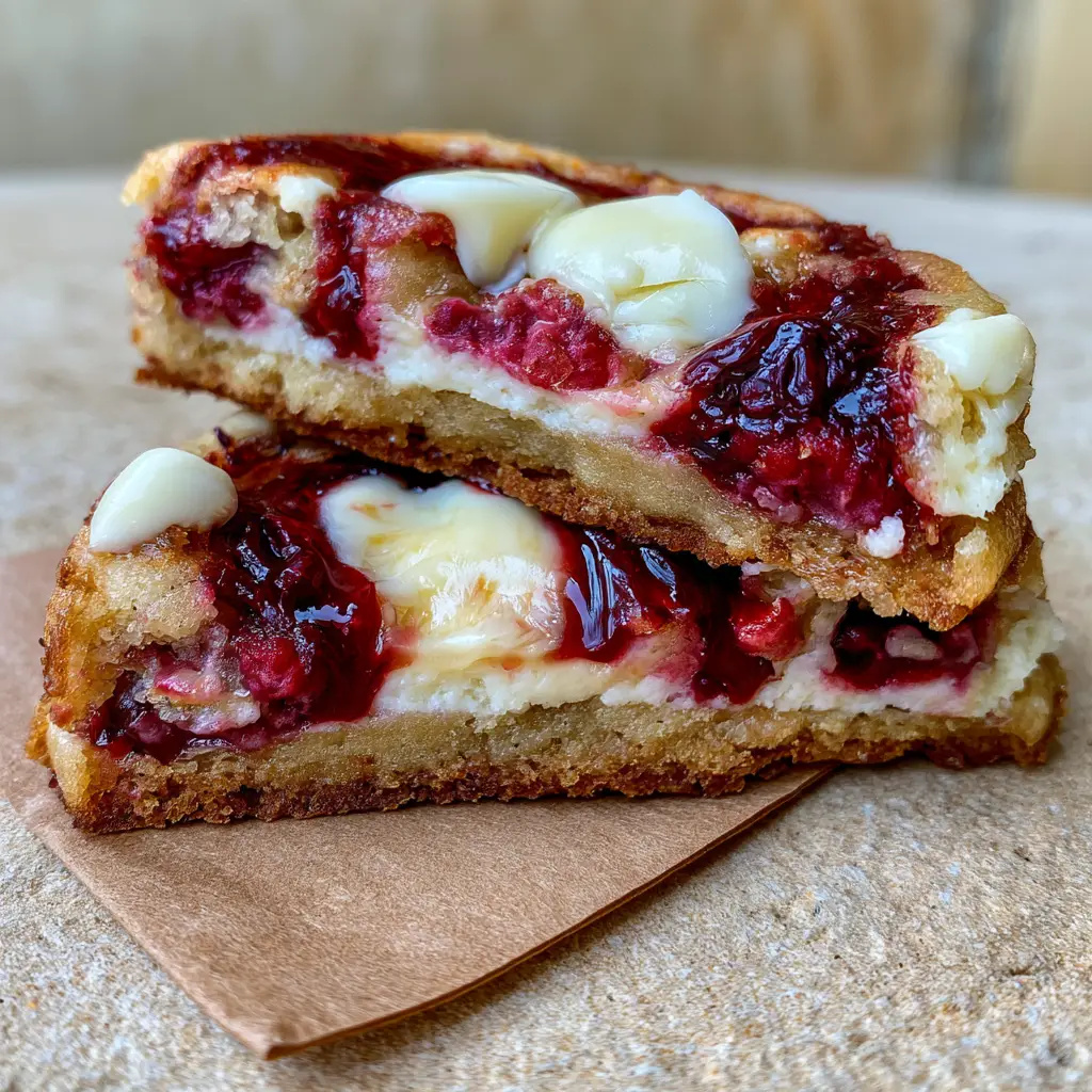 White Chocolate Raspberry Cheesecake Cookies: The Ultimate Bakery-Style Recipe 2 A handheld smartphone photo of a warm, soft-baked raspberry cheesecake cookie gently broken in half to showcase its layers of molten cream cheese and crimson jam.