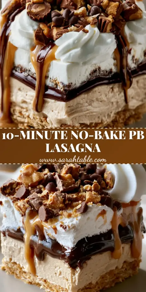 Peanut Butter Lasagna: The Ultimate No-Bake Layered Dessert Guide 4 A thick square slice of Peanut Butter Lasagna on a white plate showing perfect layers of graham cracker crust, peanut butter mousse, and chocolate pudding.