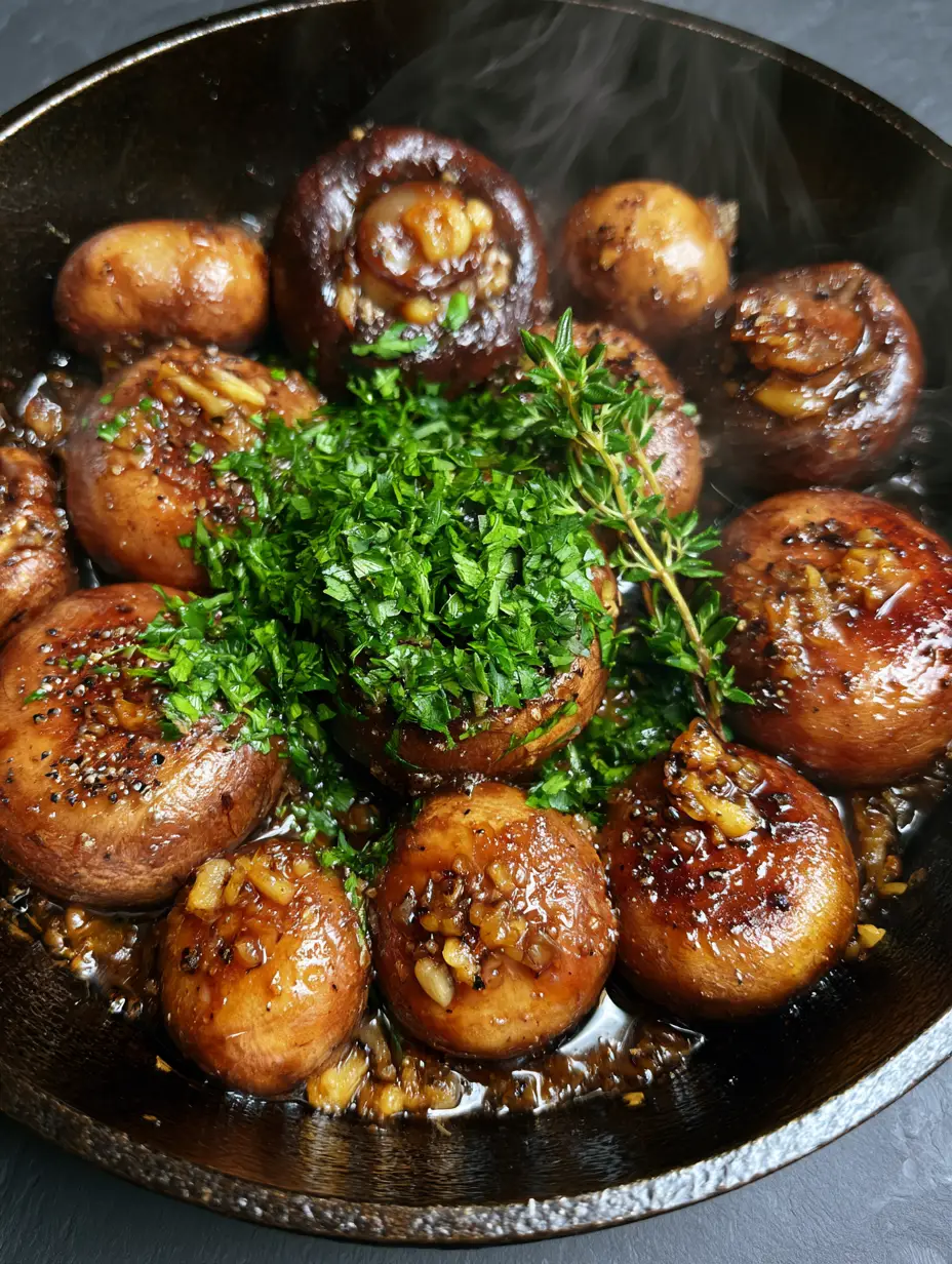 Garlic Mushrooms: The Ultimate Seared Cremini Side Dish with Roasted Garlic Butter 3 Macro shot of deep golden-brown seared cremini mushrooms with garlic bits and thyme. (garlic mushrooms)
