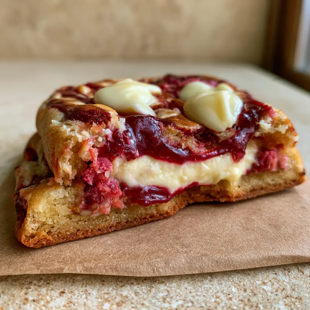 White Chocolate Raspberry Cheesecake Cookies: The Ultimate Bakery-Style Recipe 1 Overhead view of several white chocolate raspberry cheesecake cookies with large pools of melted white chocolate and caramelized edges on parchment.