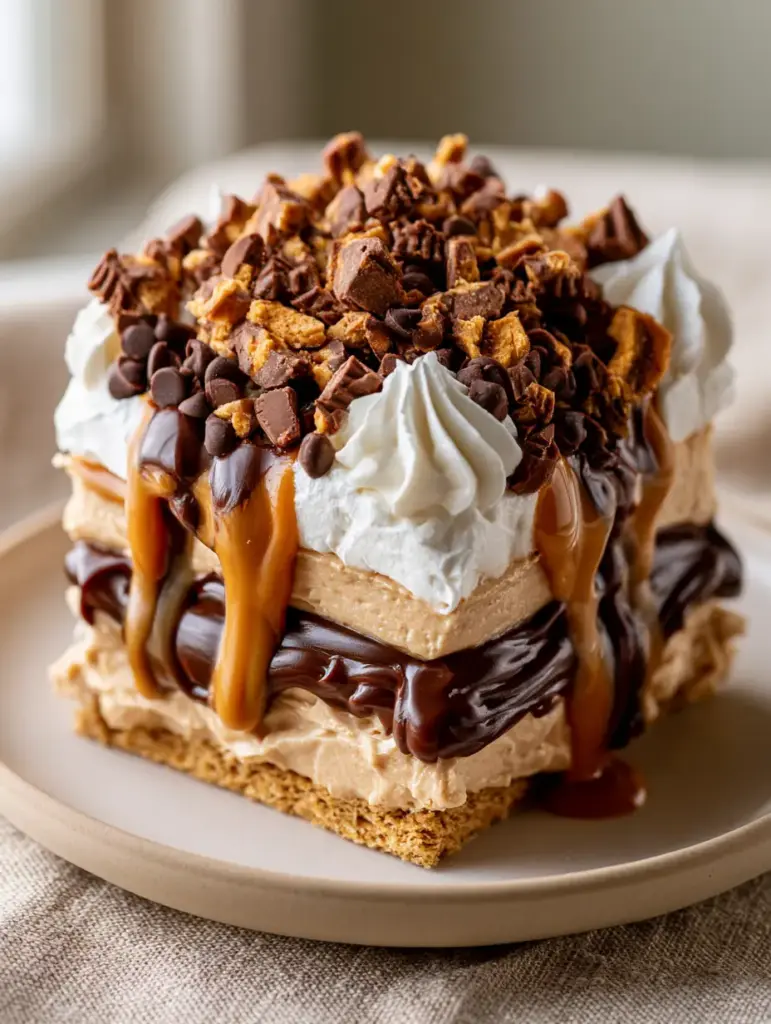 Peanut Butter Lasagna: The Ultimate No-Bake Layered Dessert Guide 2 Side-profile macro shot of Peanut Butter Lasagna with velvety mousse, glossy chocolate layers, and stiff whipped cream peaks.