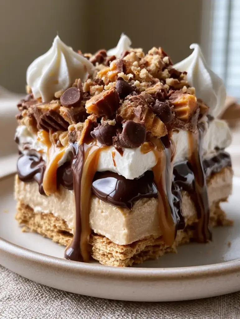 Peanut Butter Lasagna: The Ultimate No-Bake Layered Dessert Guide 1 A close-up of Peanut Butter Lasagna showing the heavy abundance of chopped Reese's and mini chocolate chips with cascading drizzle.