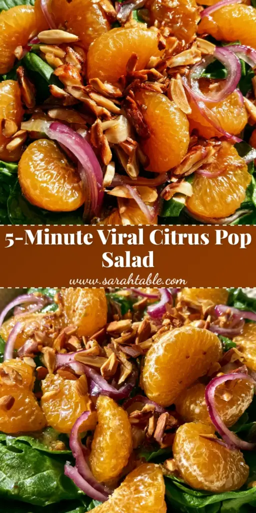 A top-down view of a vibrant spinach mandarin salad in a ceramic bowl, featuring glistening orange segments and toasted slivered almonds.