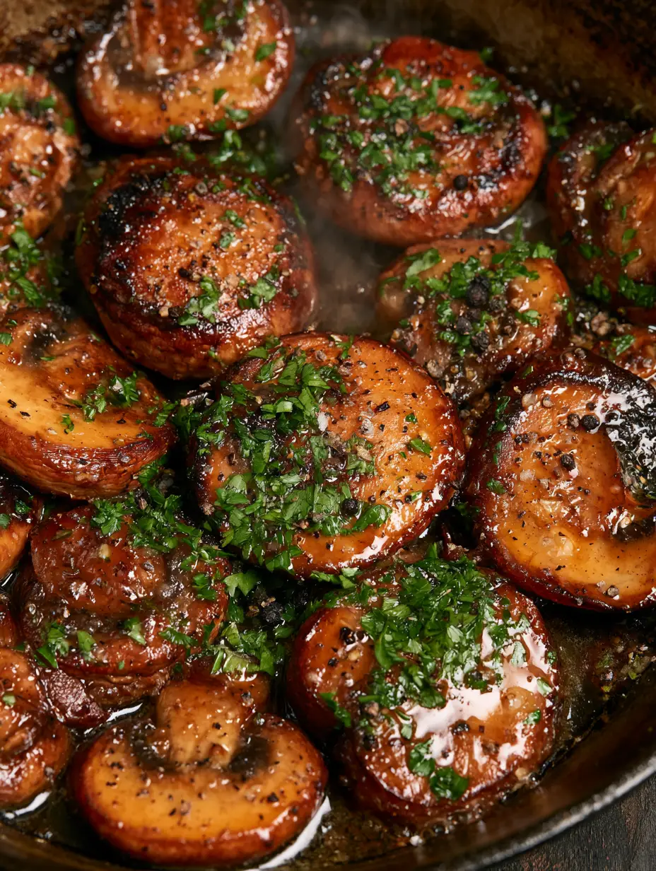 Macro shot of caramelized cremini mushrooms with a shimmering umami reduction. (Texas Roadhouse mushroom recipe)