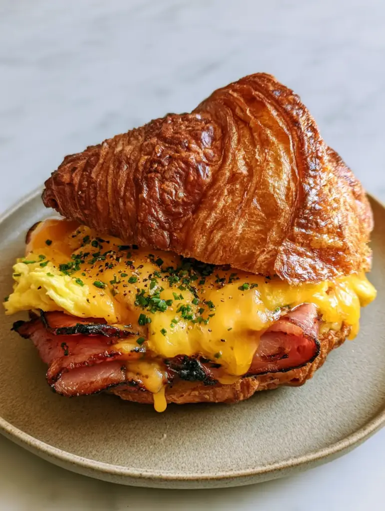 Croissant Breakfast Sandwich with Seared Honey Ham and Fluffy Eggs 1 Dripping melted cheddar cheese on seared honey ham inside a croissant breakfast sandwich.