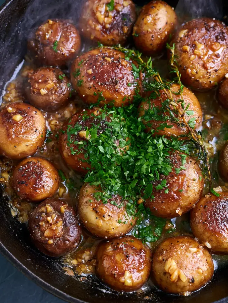 Garlic Mushrooms: The Ultimate Seared Cremini Side Dish with Roasted Garlic Butter 1 Sautéed mushrooms glistening with a thick garlic butter glaze in a black skillet.