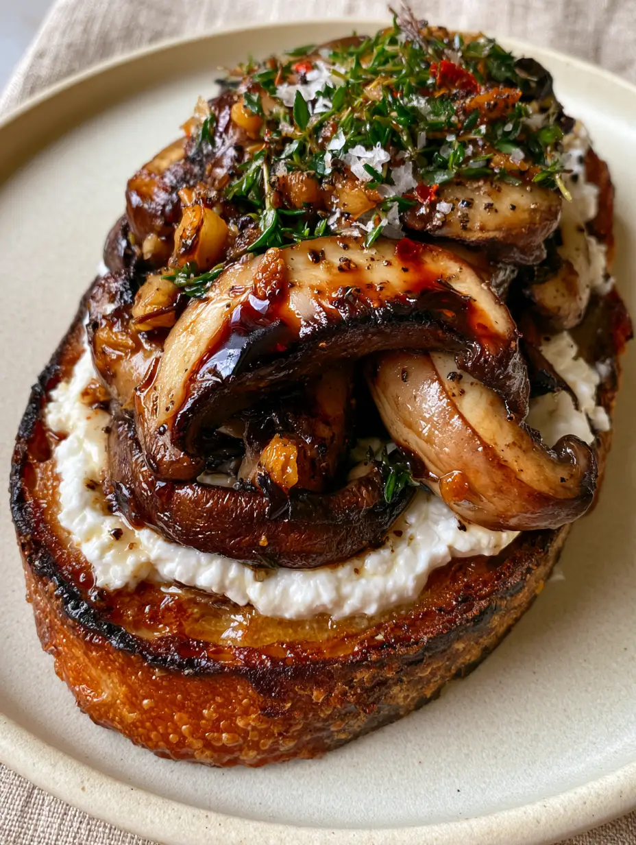 Extreme close-up of seared cremini and shiitake mushrooms with balsamic glaze and fresh thyme on a bed of whipped ricotta Mushroom Toast.