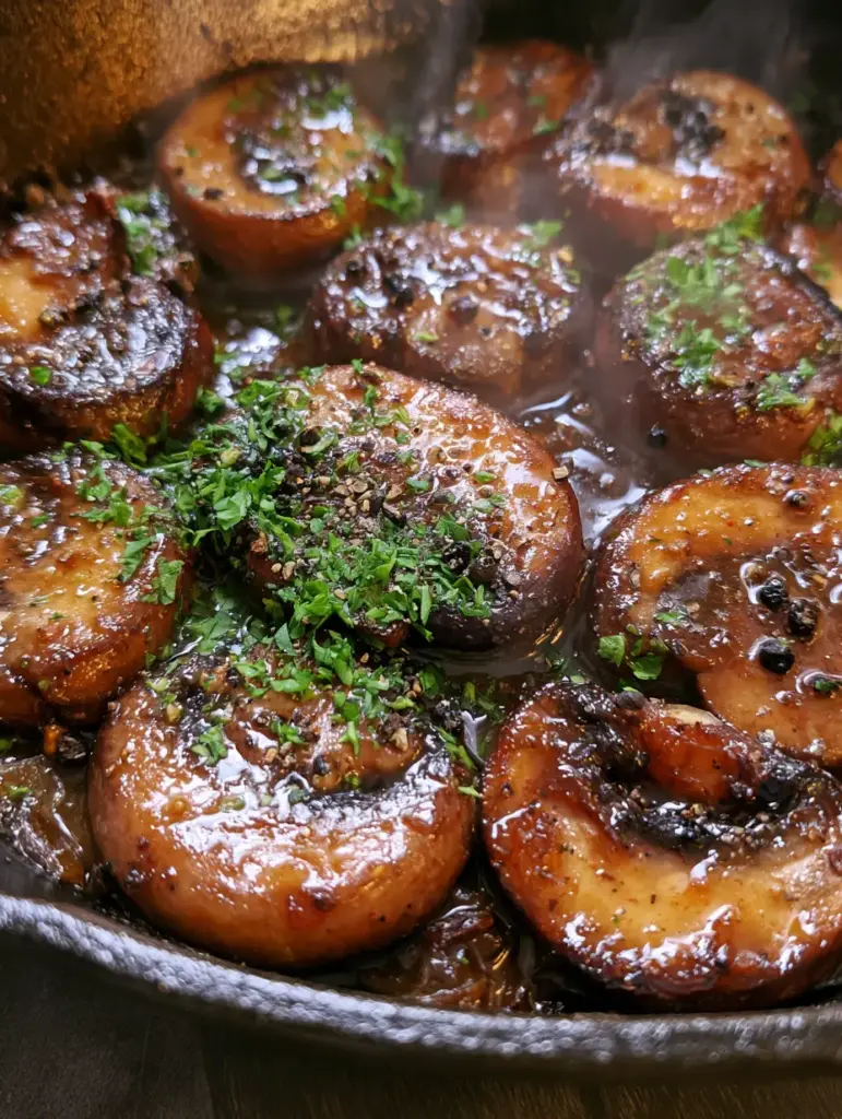 Sautéed mushrooms in a cast iron pan with steam rising and fresh parsley garnish.