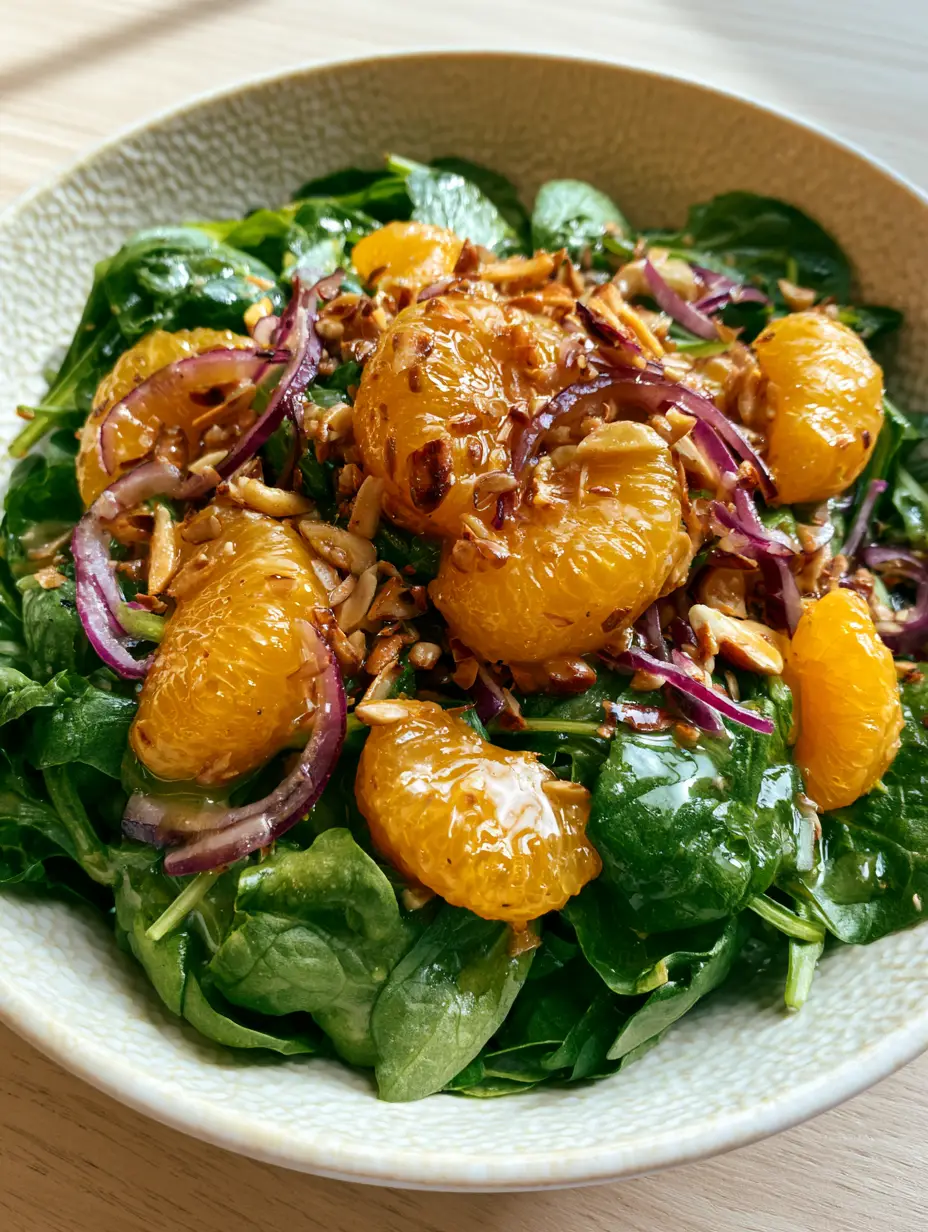 Smartphone photo of a fresh spinach mandarin salad with deep green leaves and plump orange segments. (spinach mandarin salad)