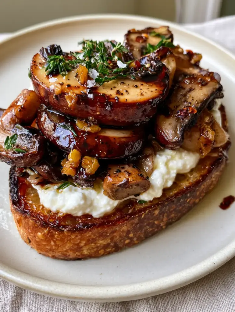 A single slice of thick-cut sourdough Mushroom Toast topped with whipped ricotta and glossy, dark mushrooms on a ceramic plate.