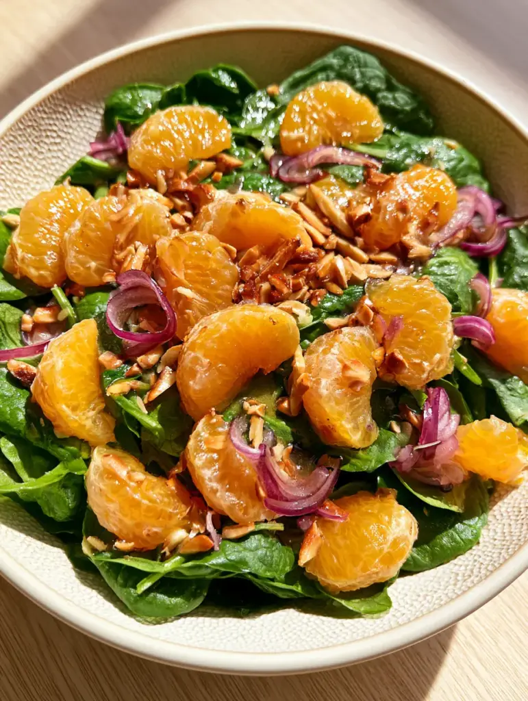 Detail shot of purple red onion curls and golden toasted almonds on a spinach mandarin salad.
