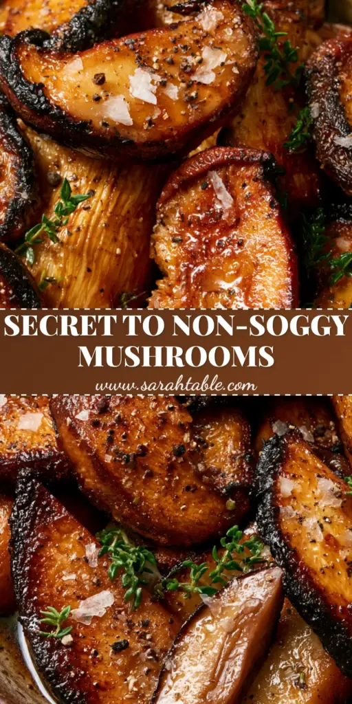 A close-up vertical shot of caramelized King Oyster and Cremini mushrooms in a cast iron skillet with balsamic glaze and fresh thyme. (January mushroom recipes)