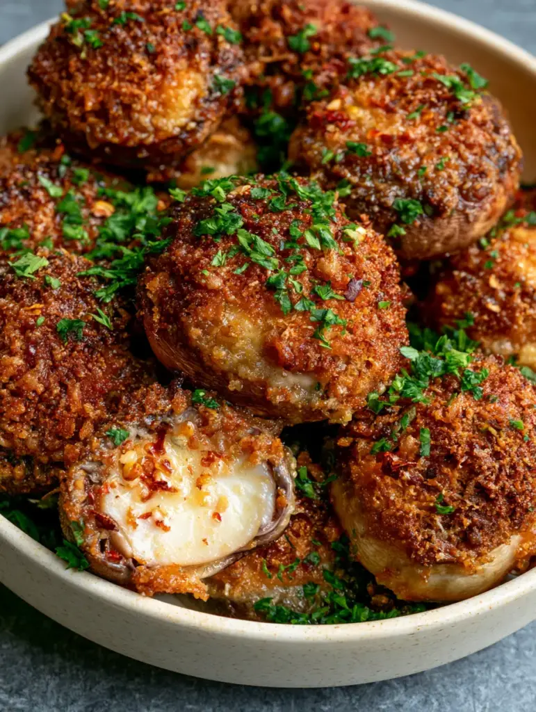 Whole and sliced Parmesan mushrooms on a slate background showing the succulent white interior and dark gold exterior.