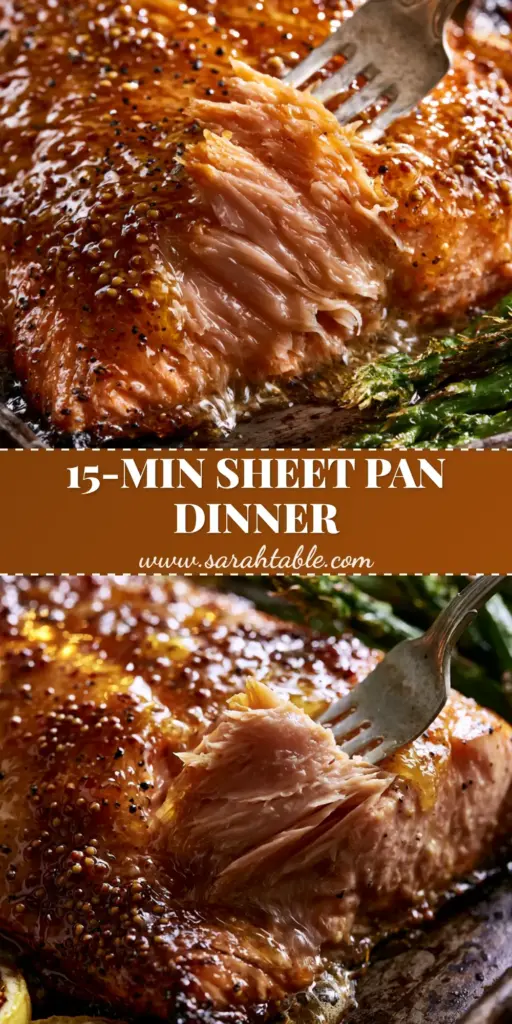 Baked Dijon Salmon with Honey Mustard Glaze and Roasted Asparagus 4 Close-up of a flaky Baked Dijon Salmon fillet with bubbling honey mustard glaze and roasted asparagus on a dark sheet pan.