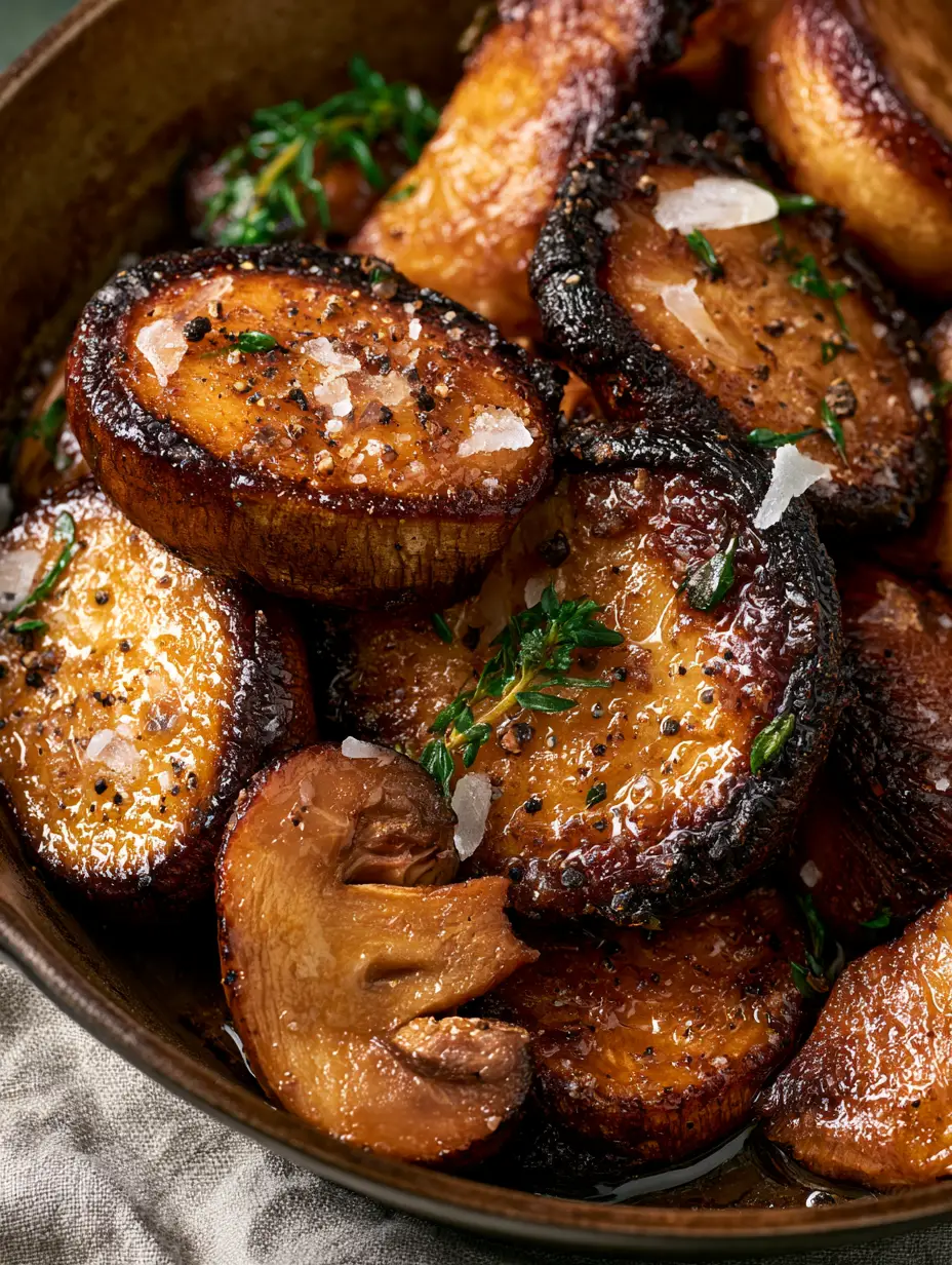 Top-down macro shot of charred King Oyster and Cremini mushrooms with a glossy balsamic glaze in a cast iron pan. (January mushroom recipes)