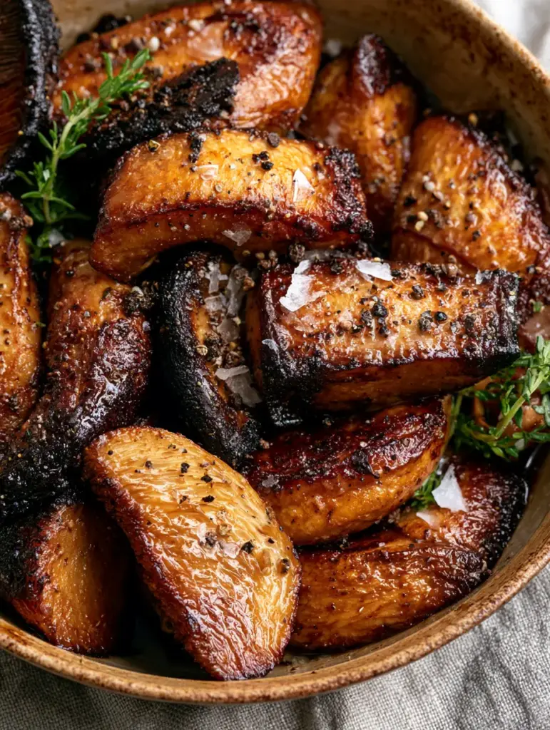 Detailed shot of glazed mushrooms with sea salt flakes and thyme leaves on a light grey linen background. (January mushroom recipes)