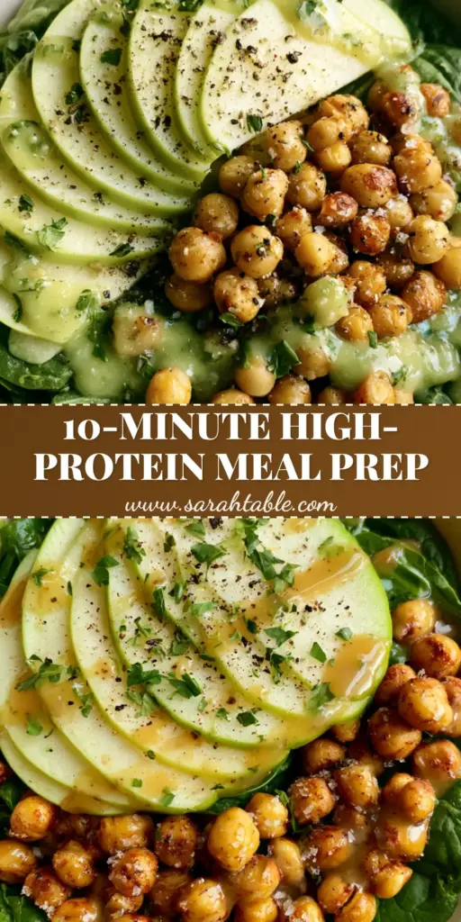 Spinach Apple Chickpea Salad with Roasted Golden Legumes and Lemon Balsamic 4 A top-down macro shot of a gourmet spinach apple chickpea salad in a cream ceramic bowl with fanned apples and roasted chickpeas.
