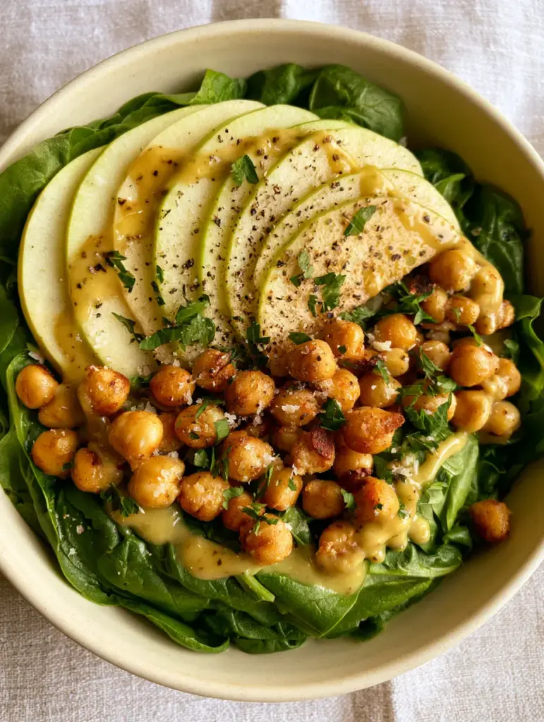 Spinach Apple Chickpea Salad with Roasted Golden Legumes and Lemon Balsamic 2 Macro shot of a spinach apple chickpea salad showing glistening apple slices and golden-roasted chickpea textures.