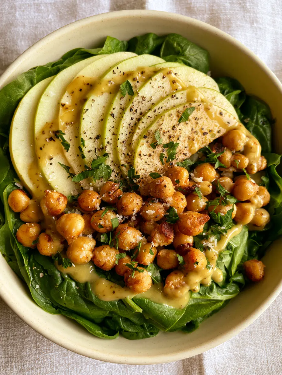 Spinach Apple Chickpea Salad with Roasted Golden Legumes and Lemon Balsamic 3 Macro shot of a spinach apple chickpea salad showing glistening apple slices and golden-roasted chickpea textures.