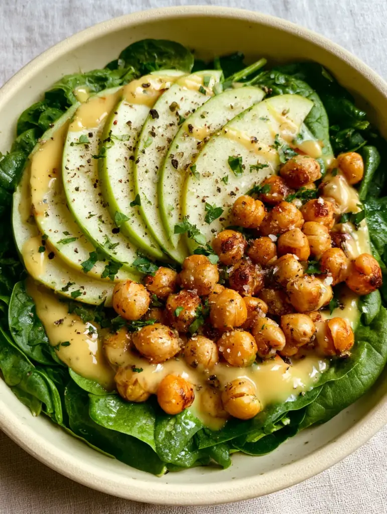 Spinach Apple Chickpea Salad with Roasted Golden Legumes and Lemon Balsamic 1 Top-down gourmet view of spinach apple chickpea salad with artful balsamic drizzle and fresh parsley garnish.