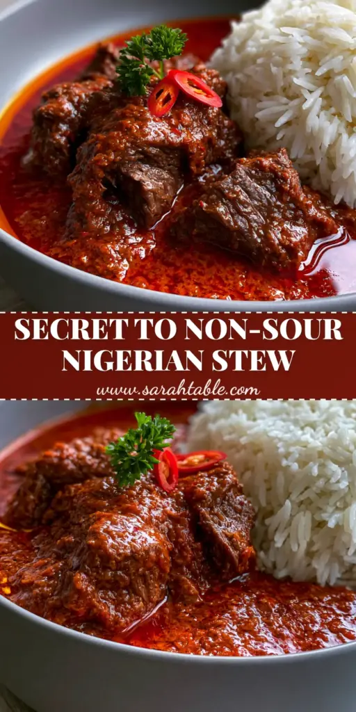 Nigerian Beef Stew Recipe: The Secret to Deep Crimson, Authentic Flavor 4 A close-up of Nigerian Beef Stew with tender beef chunks and a glistening red oil layer served over white rice. (Nigerian Beef Stew Recipe)
