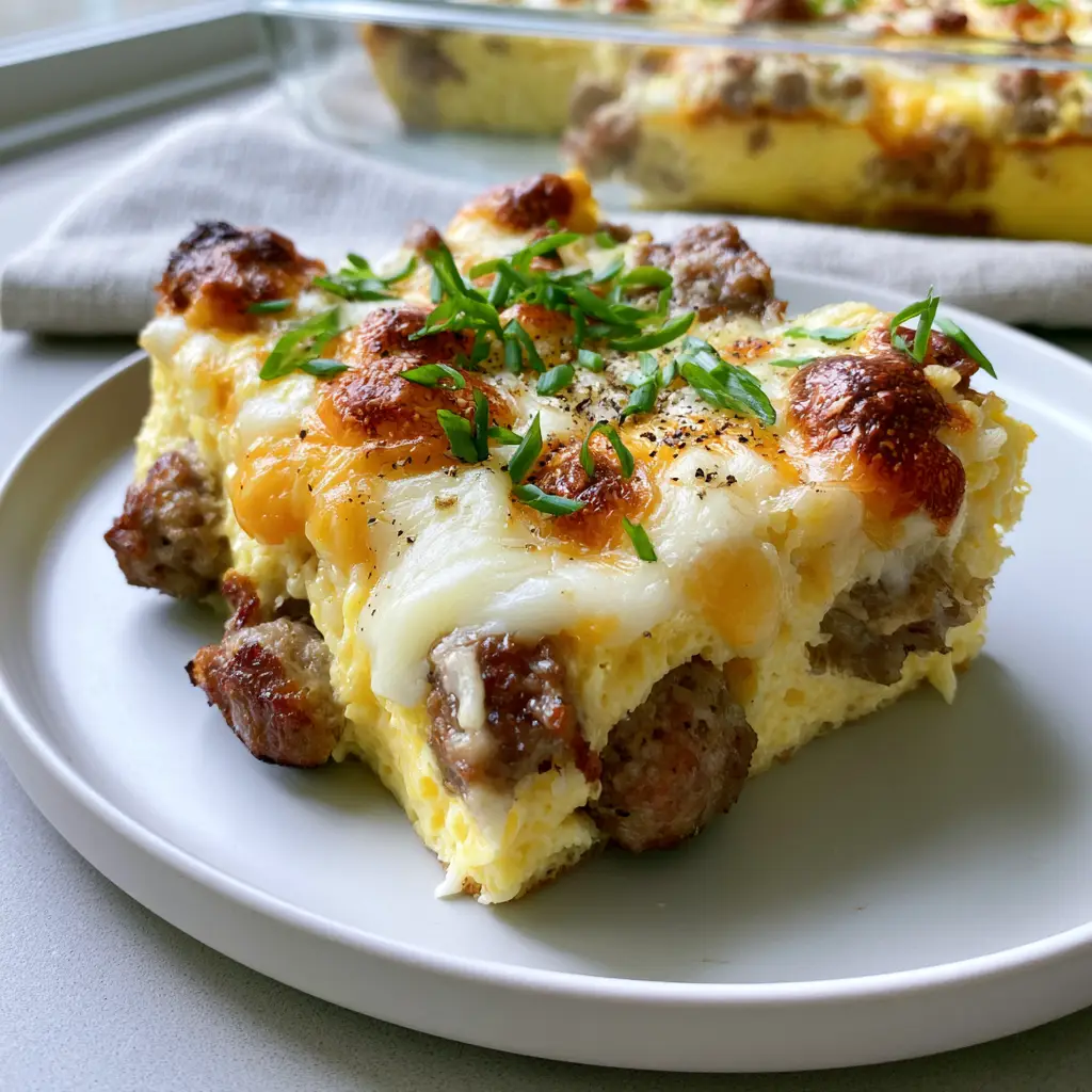 Egg and Sausage Breakfast Casserole with Fluffy Eggs and Melty Cheese 2 Close up of browned sausage crumbles and fluffy eggs in an egg and sausage breakfast casserole. (egg and sausage breakfast casserole)