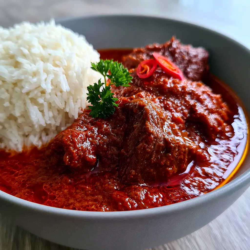 Nigerian Beef Stew Recipe: The Secret to Deep Crimson, Authentic Flavor 2 Extreme close-up of thick crimson Nigerian Beef Stew sauce and tender beef in a matte-grey bowl. (Nigerian Beef Stew Recipe)