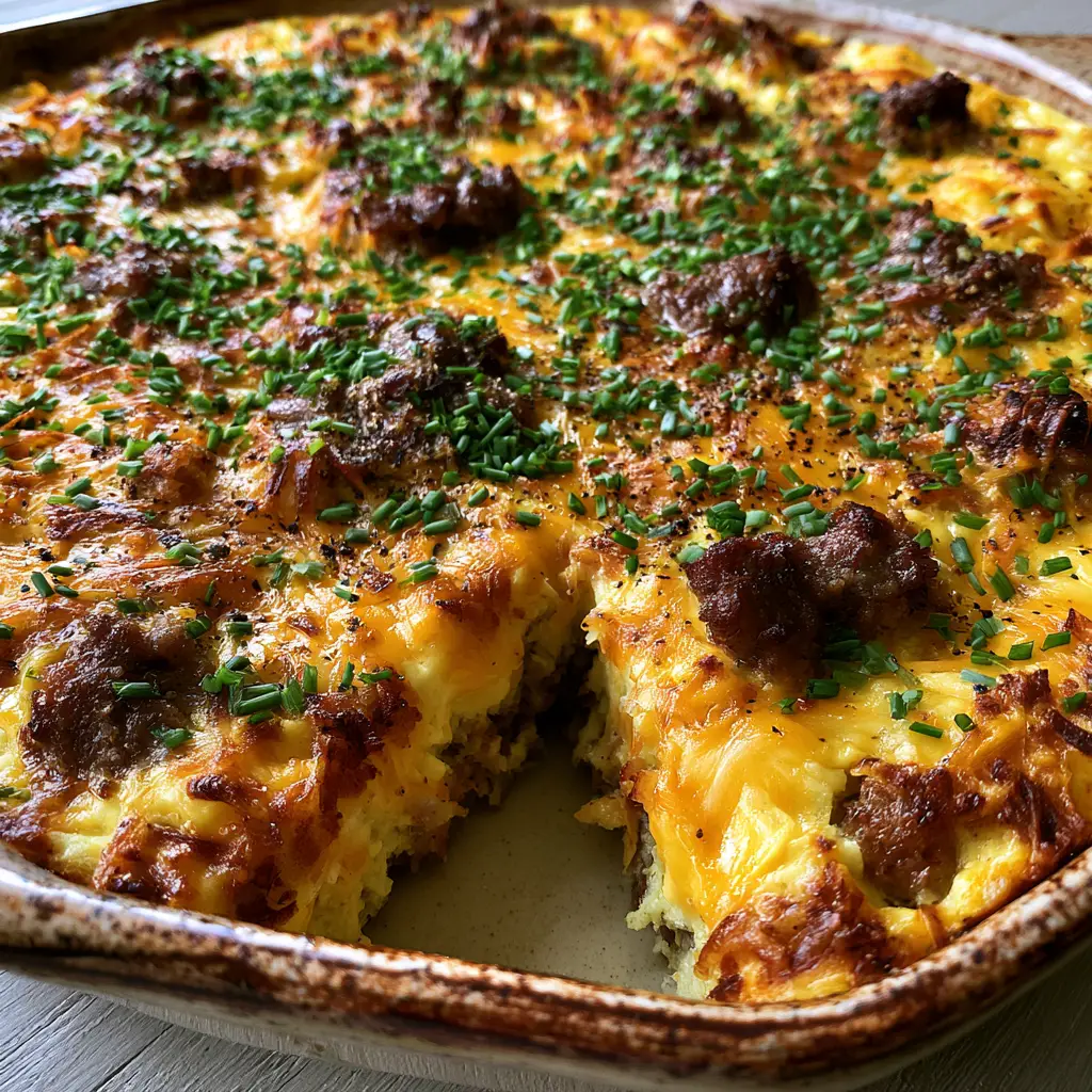 Farmers Breakfast Casserole with Crispy Hash Browns and Sausage 2 Overhead close-up of a farmers breakfast casserole showing bubbling cheese and fresh chives.