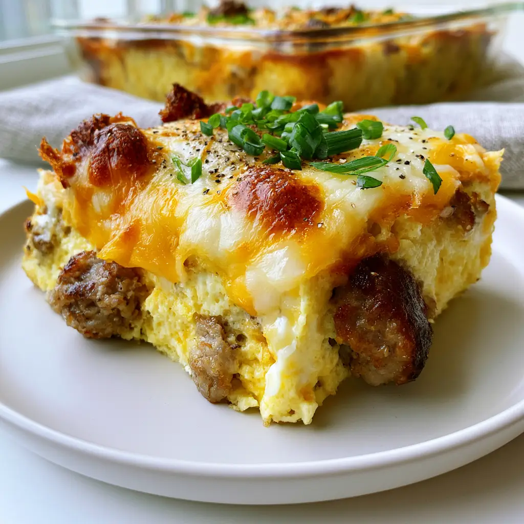 Egg and Sausage Breakfast Casserole with Fluffy Eggs and Melty Cheese 1 Golden bubbling cheese topping with toasted brown spots on a breakfast casserole.