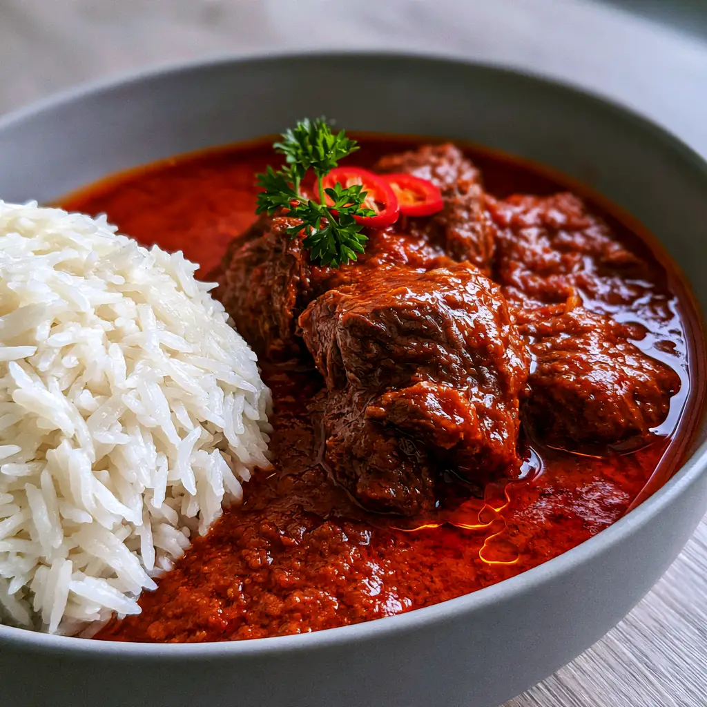 Nigerian Beef Stew Recipe: The Secret to Deep Crimson, Authentic Flavor 1 A bowl of Nigerian Beef Stew garnished with parsley and bird eye chilies next to fluffy white rice.