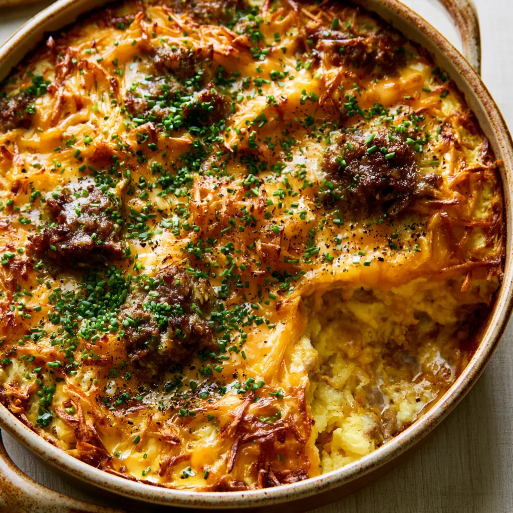 Farmers Breakfast Casserole with Crispy Hash Browns and Sausage 1 Inside view of a slice of farmers breakfast casserole showing fluffy eggs and sausage layers.