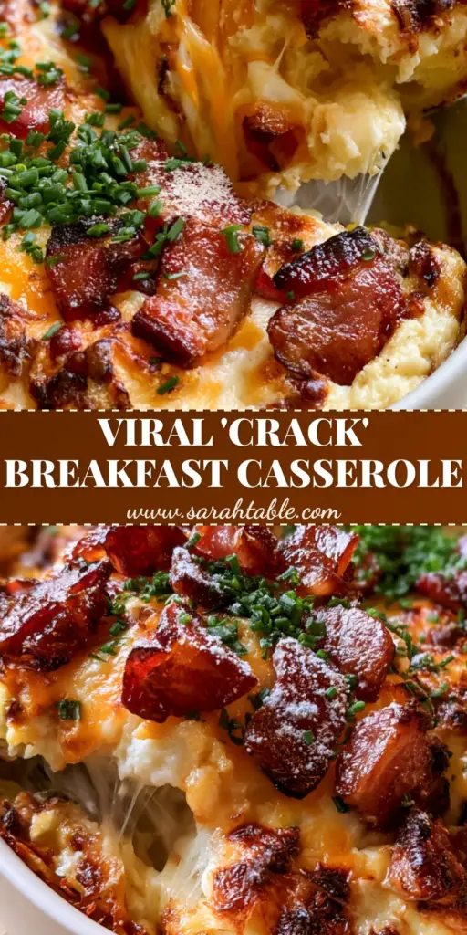 A close-up shot of a portion of crack breakfast casserole being lifted with a spatula, showing a stretchy cheese pull, crispy bacon, and golden hash browns.