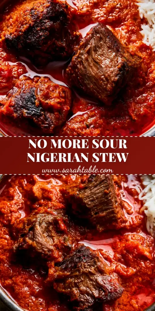 Nigerian beef stew: The Ultimate Authentic Buka Stew Guide 4 A rustic dark ceramic bowl of vibrant Nigerian beef stew with shimmering red oil and fluffy white rice.
