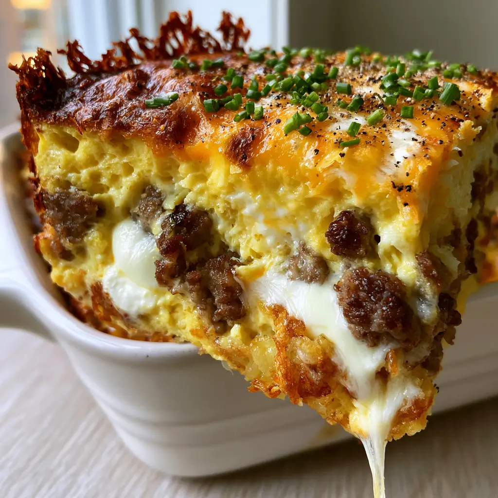 Sausage Egg and Hashbrown Casserole with Cream Cheese Dollops 2 Ultra-close up of toasted bubbling cheddar cheese and savory pork sausage crumbles in a sausage egg and hashbrown casserole.