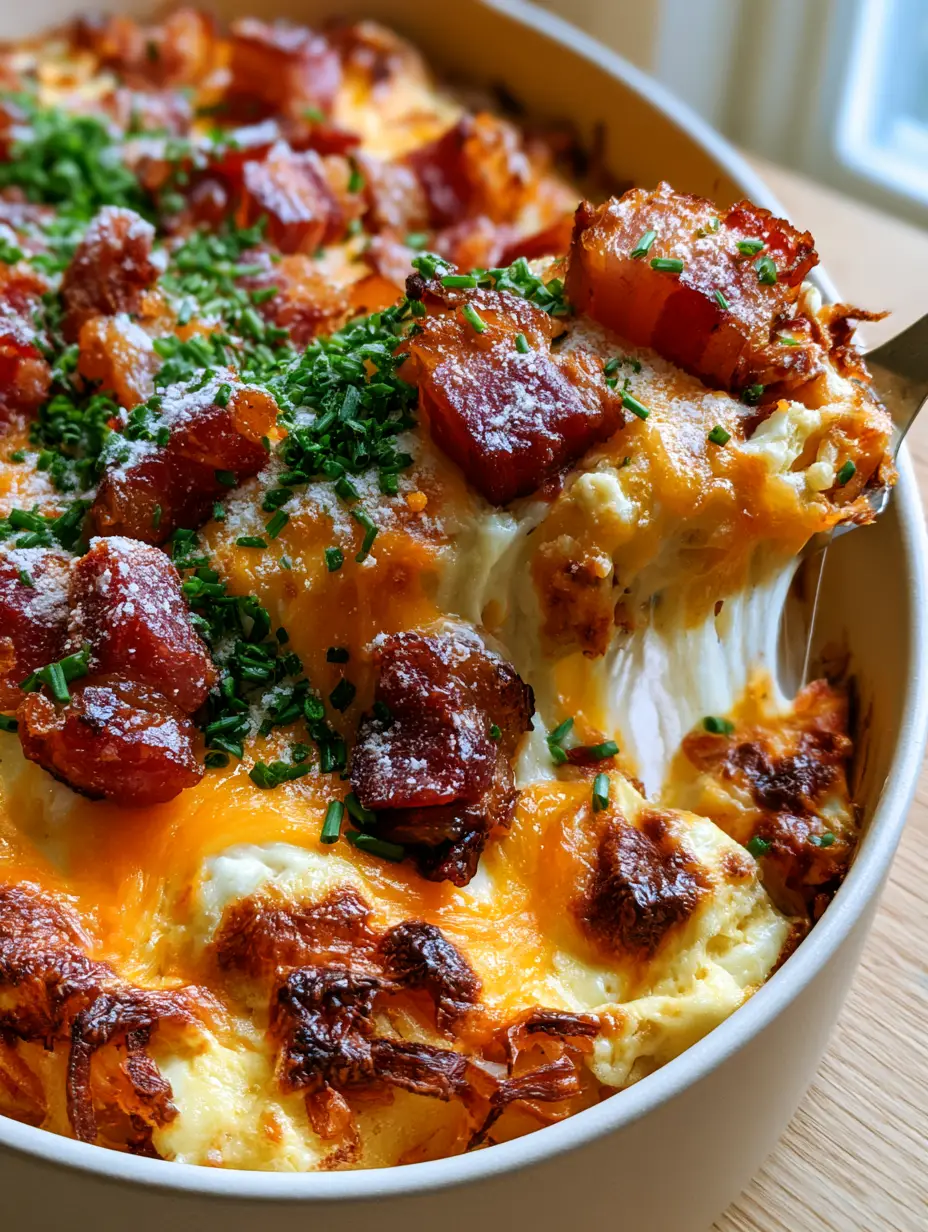 A top-down view of the crack breakfast casserole in a white ceramic dish featuring charred cheddar edges and fresh chives.
