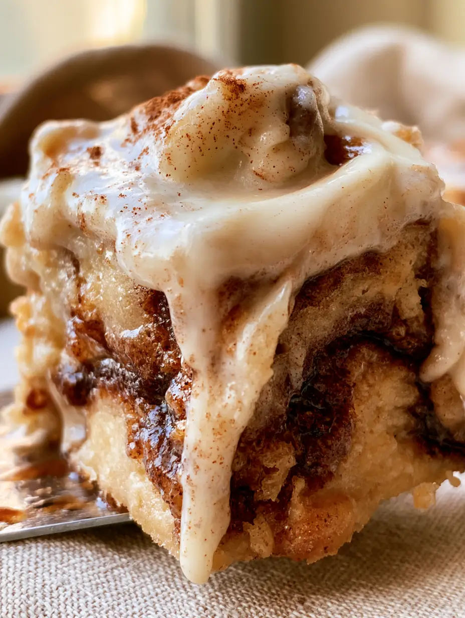 Extreme macro close-up of a Cinnamon Roll Bliss Bar being lifted with a spatula, showing the gooey center and bubbling cinnamon swirls.