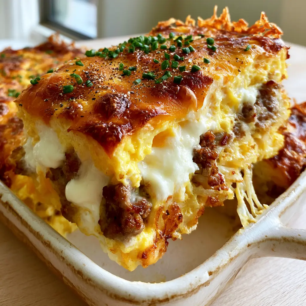 Sausage Egg and Hashbrown Casserole with Cream Cheese Dollops 1 Cross-section of a breakfast casserole showing layers of fluffy yellow eggs and melted cream cheese dollops.